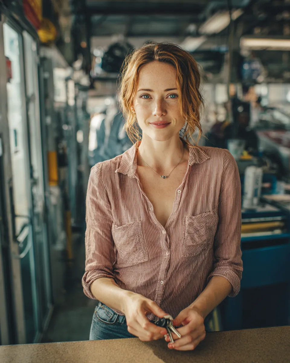 Woman in her 30s getting her car key back at an auto shop counter after paying for repairs with a $1,000 loan