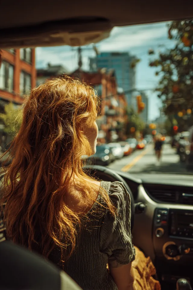 View from the back seat of a woman driving her repaired car down a sunny city street after a $1,000 loan covered the shop bill