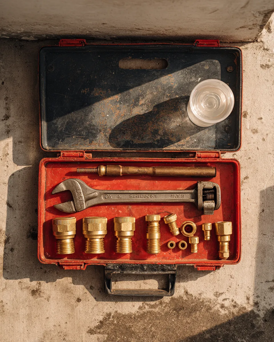 Open plumber toolbox with a pipe wrench and brass fittings on a concrete floor, the kind of repair a $2,500 loan often covers