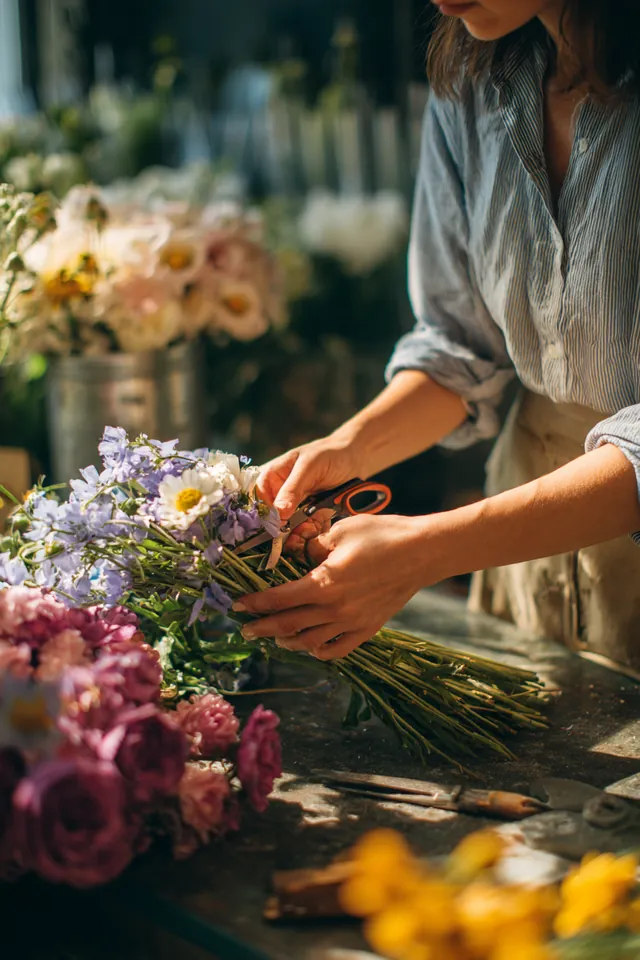 Hands of a florist trimming fresh flower stems with shears in a small shop, a self-employed owner weighing a $3,000 loan