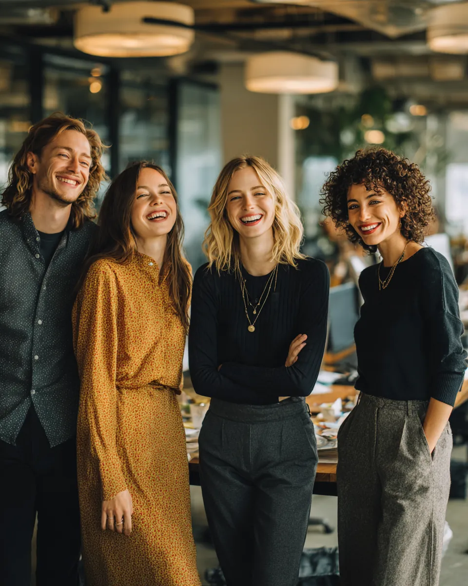 Northern Star Loan team of four laughing together during a stand-up meeting in a bright modern office