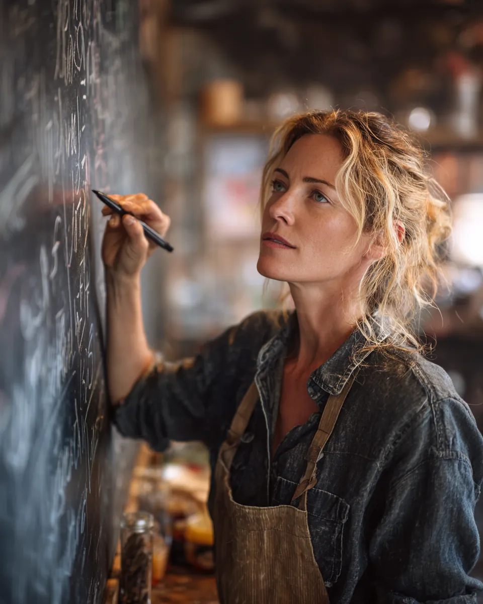 Cafe owner writing the day’s menu on a chalkboard, a nod to the clear pricing Northern Star Loan aims for