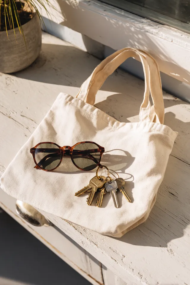 House keys, sunglasses and a folded canvas tote bag arranged on a white entryway console table
