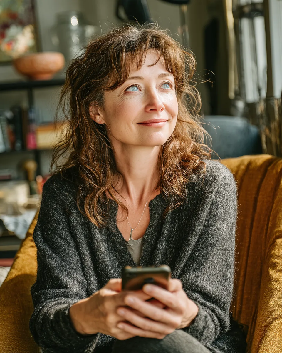 Woman in her 50s in a living room armchair looking up from her phone with a relieved smile after submitting a Northern Star Loan request