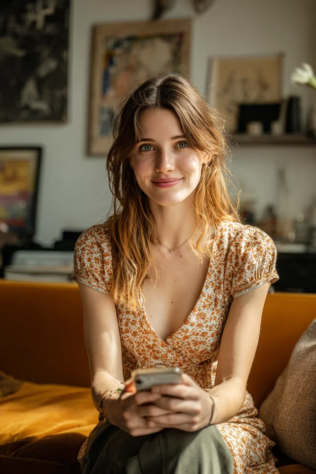 Young woman on her couch smiling while comparing online personal loan offers from Northern Star Loan partners on her phone