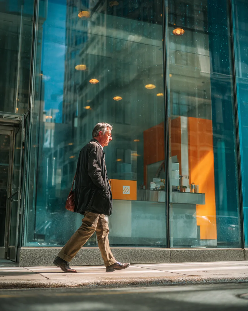 Man in his 50s walking past a modern glass bank branch on a downtown street while weighing a bank vs online lender