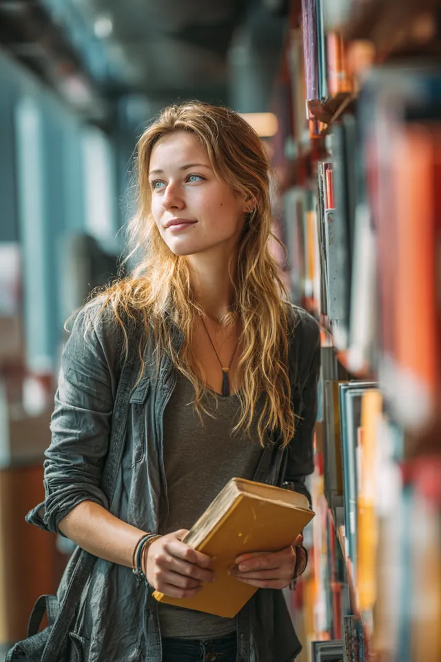 Young woman in her 20s pulling a book from a shelf in a bright modern public library