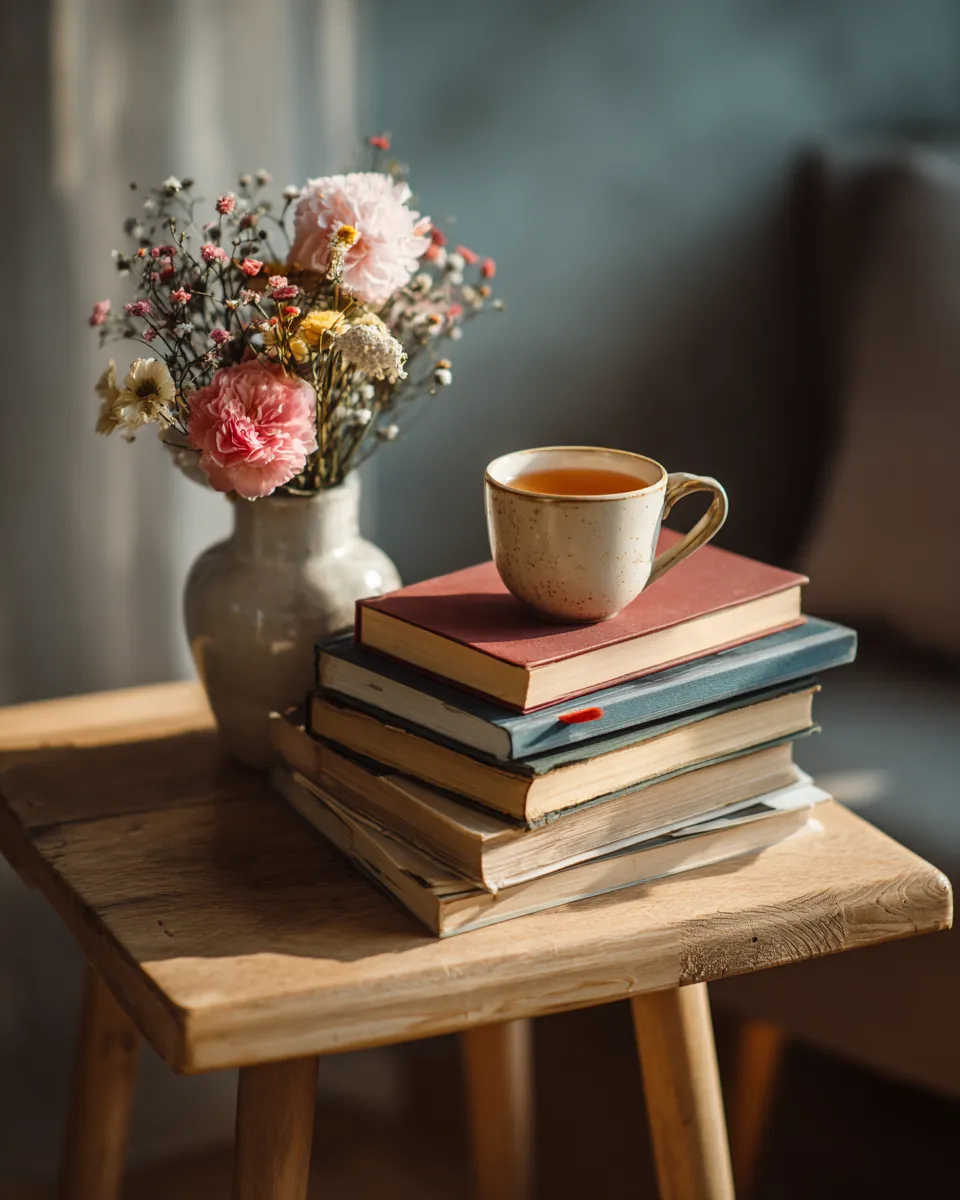 Stack of hardcover books beside a ceramic mug of tea and a small vase of fresh flowers on a light oak table, the reading corner of the Northern Star Loan blog