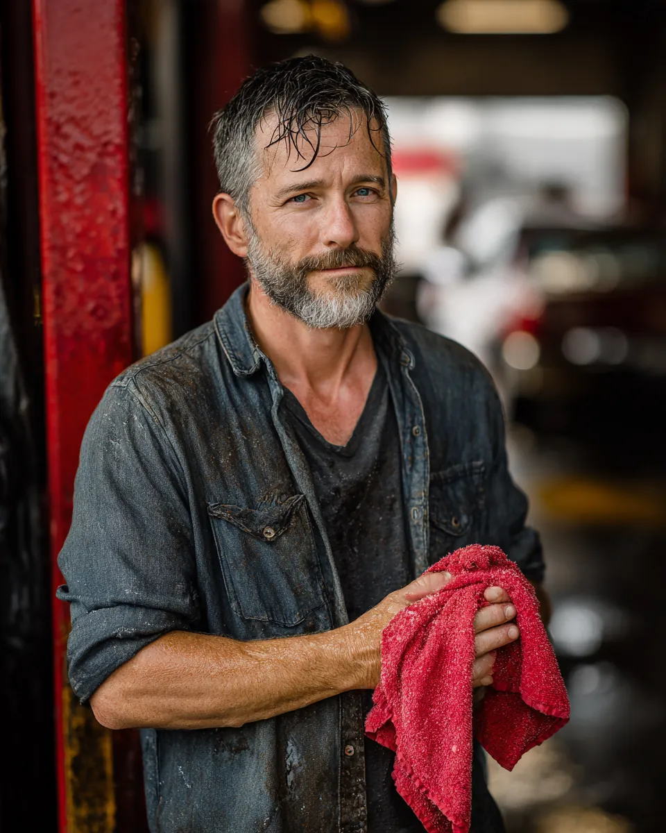 Auto technician wiping his hands on a red shop towel in a bright service bay, calm after comparing lenders with Northern Star Loan