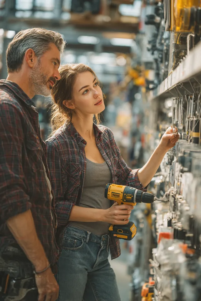 Couple in their 30s comparing two cordless drills on a hardware store shelf, the same side-by-side habit that helps when comparing personal loan lenders