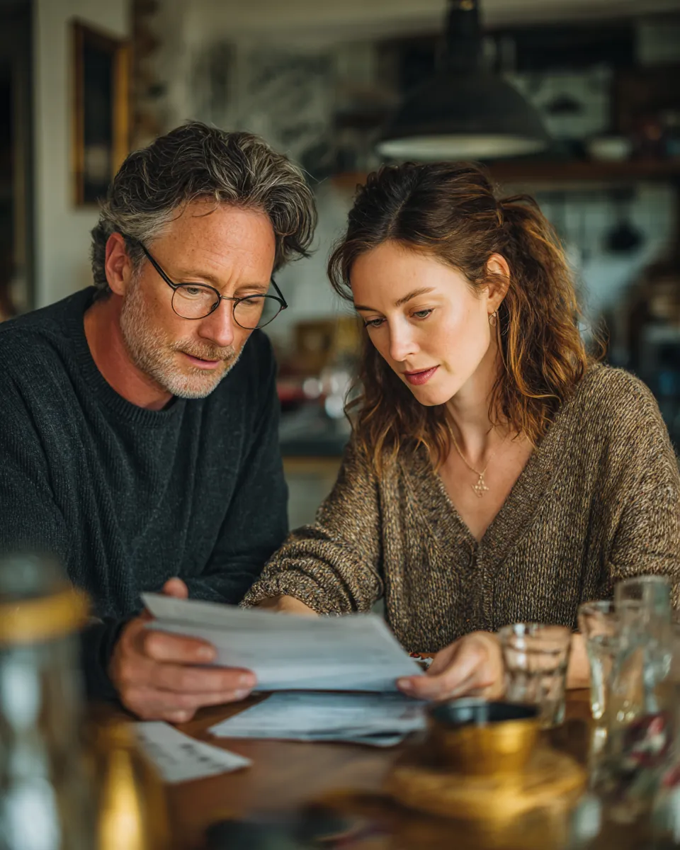 Couple in their 40s calmly reviewing card statements at their kitchen table while comparing a Northern Star Loan consolidation option with a balance transfer