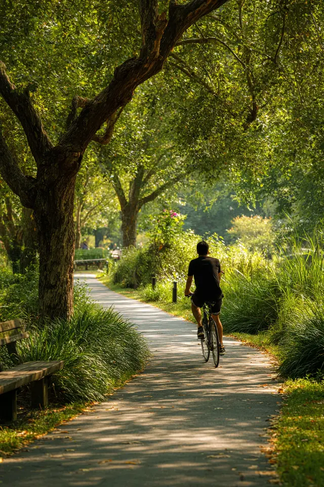 Man in his 50s cycling along a tree-lined greenway on a bright morning after paying down his credit card debt