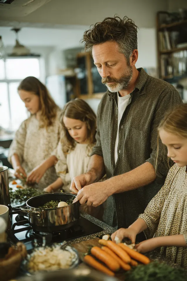 Family cooking dinner together at home, dad stirring a pot while two kids chop vegetables