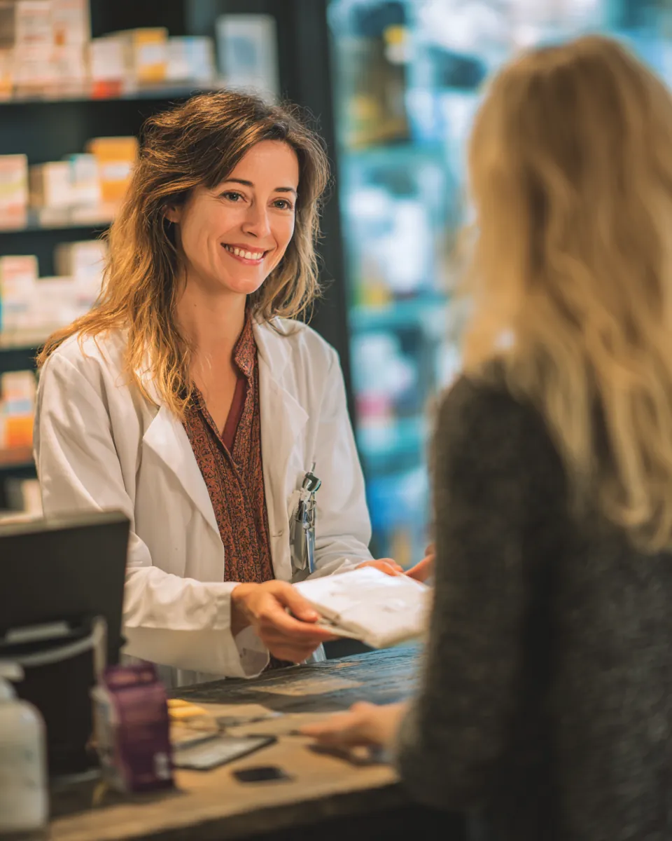 Pharmacist in her 40s handing a prescription bag across a clean pharmacy counter, the kind of steady earner who meets Northern Star Loan requirements