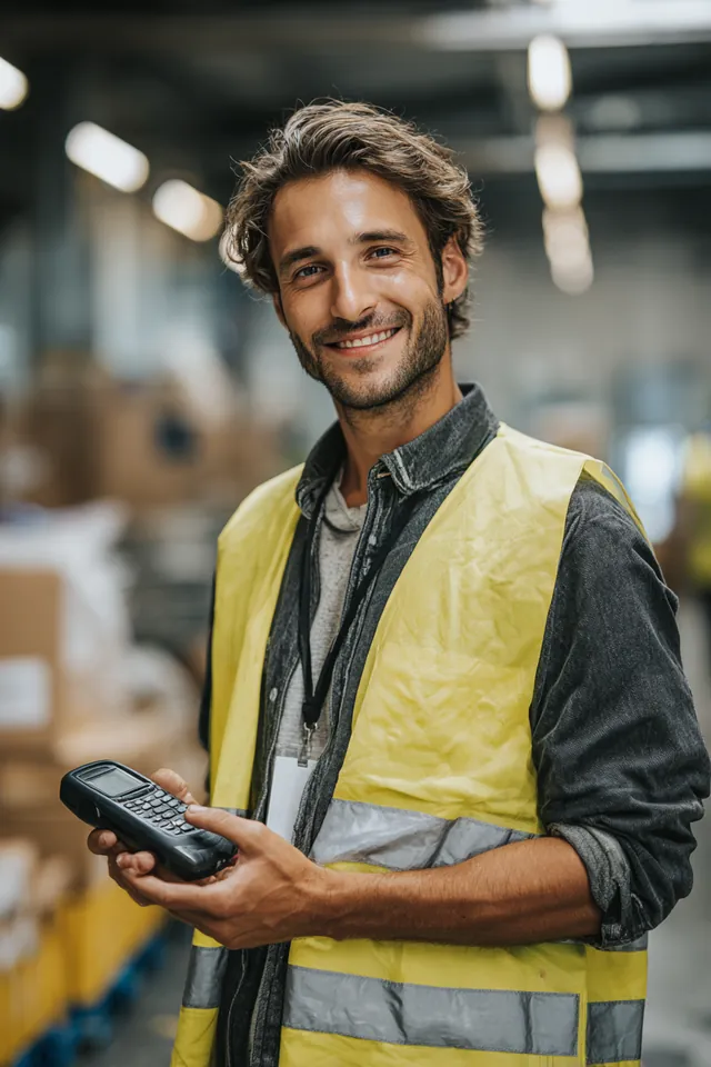 Warehouse associate in his 20s wearing a hi-vis vest and holding a handheld barcode scanner with a proud expression
