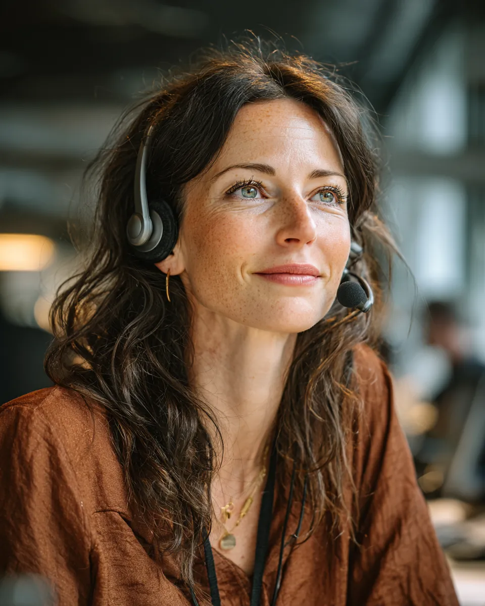 Customer support specialist in her 40s wearing a slim headset, smiling mid-conversation in a bright office while answering Northern Star Loan questions