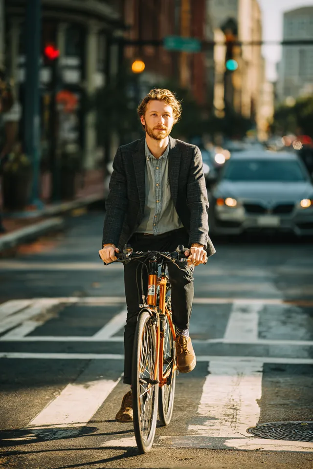 Man in his 30s wheeling a commuter bike across a sunny downtown crosswalk
