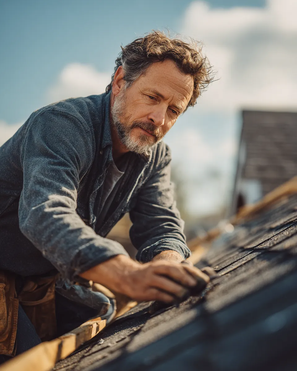 Roofer replacing shingles on a suburban roof under a clear sky, the kind of repair a Northern Star Loan home repair loan can cover