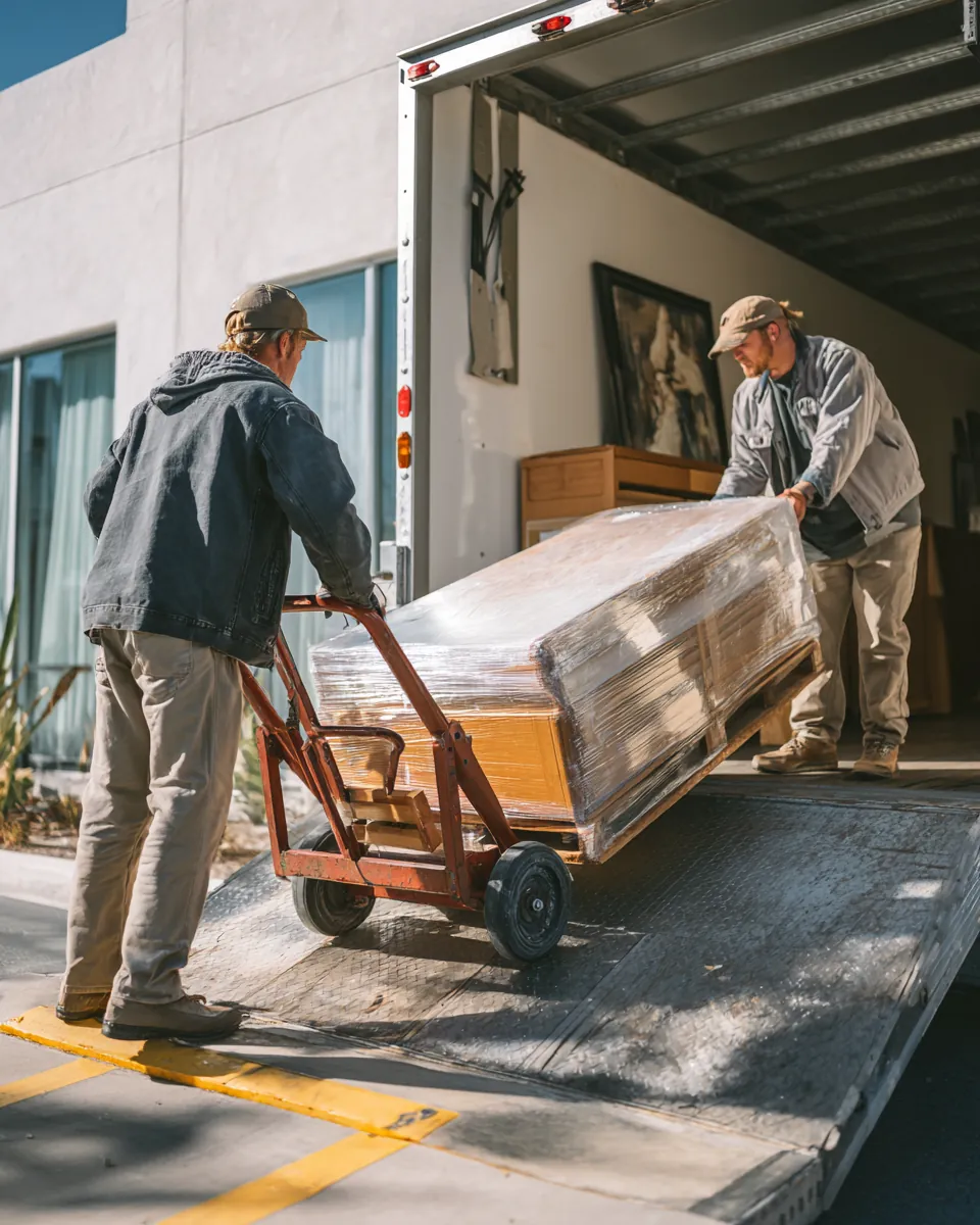 Two movers rolling a loaded hand dolly with a wrapped dresser up a loading ramp during a local move priced with Northern Star Loan estimates