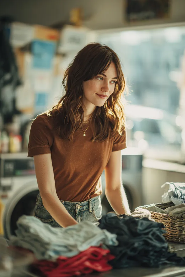 Woman in her 20s folding clothes at a bright modern laundromat while thinking through her monthly budget
