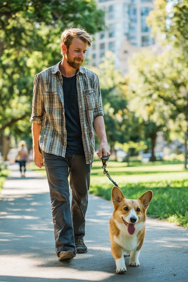 Man in his 30s strolling with a corgi on a leash through a green city park after the dog recovered