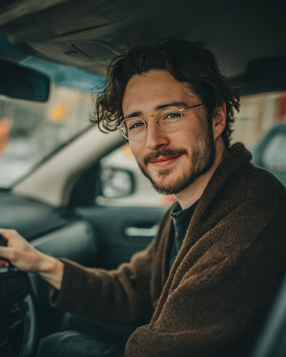 Young man in the driver seat of his first car gripping the steering wheel and beaming after comparing installment loans with Northern Star Loan