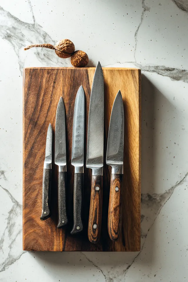New set of kitchen knives and a walnut cutting board displayed on a white quartz counter