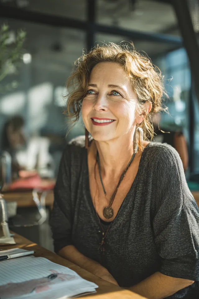 Credit counselor in her 50s smiling warmly at her desk in a bright modern office