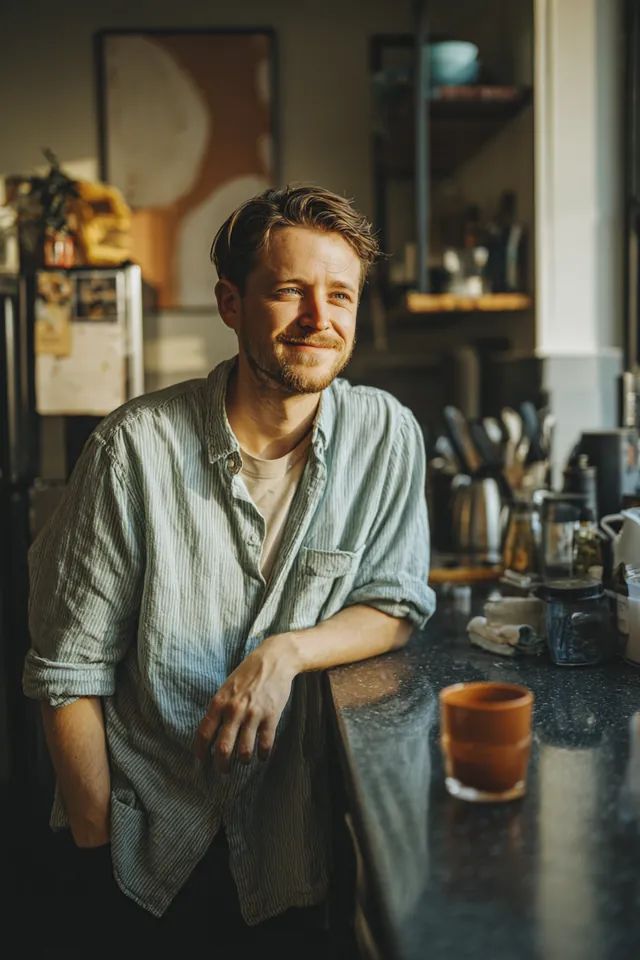 Man in his 20s leaning on the kitchen counter of his first apartment with an easy smile