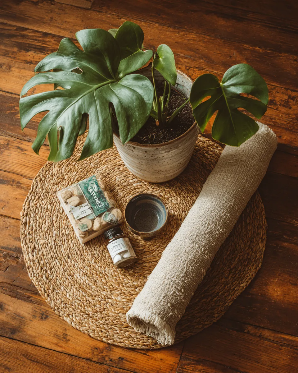 Potted monstera, a pack of new light bulbs and a rolled woven rug on a bare wooden floor, first-month basics on a Northern Star Loan moving checklist