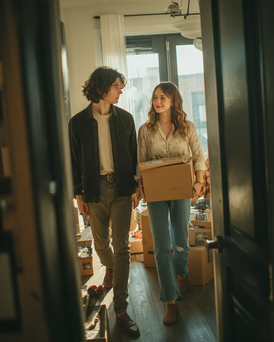Young couple carrying moving boxes through the doorway of a bright new apartment after arranging a moving loan through Northern Star Loan