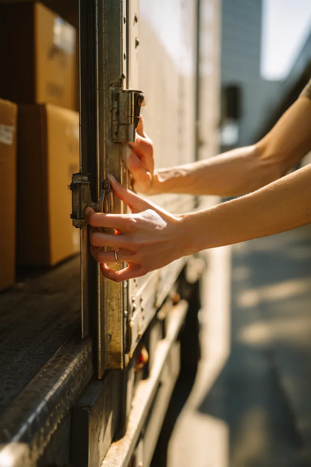 Hands latching the rear roll-up door of a rental moving truck in a sunny driveway
