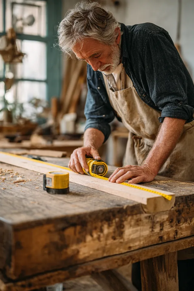 Carpenter measuring a plank of white oak with a tape measure on a workbench, a reminder to measure a personal loan carefully before borrowing