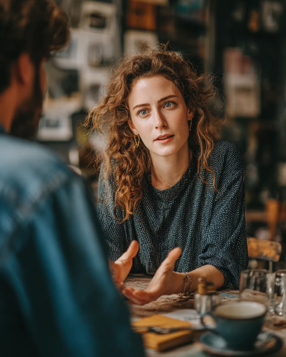 Two friends at a cafe table, one carefully explaining personal loan red flags to the other
