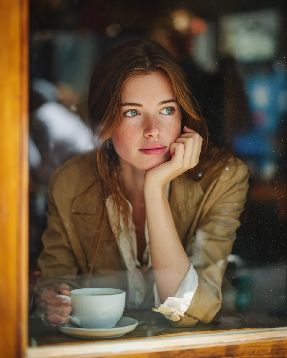 Woman in her 20s at a cafe window sipping coffee while weighing a Northern Star Loan personal loan against her credit card