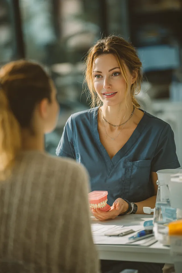 Dentist in her 40s showing a patient a dental model in a modern dental clinic