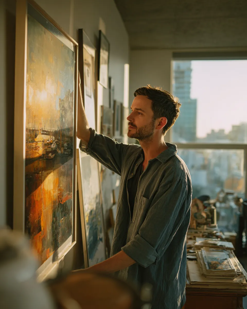 Man in his 30s hanging a large framed art print in his bright apartment, a project covered with personal loans compared through Northern Star Loan