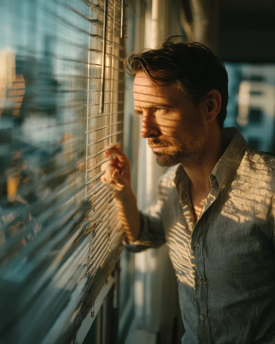 Man closing the window blinds in his apartment at dusk, reflecting the privacy Northern Star Loan respects