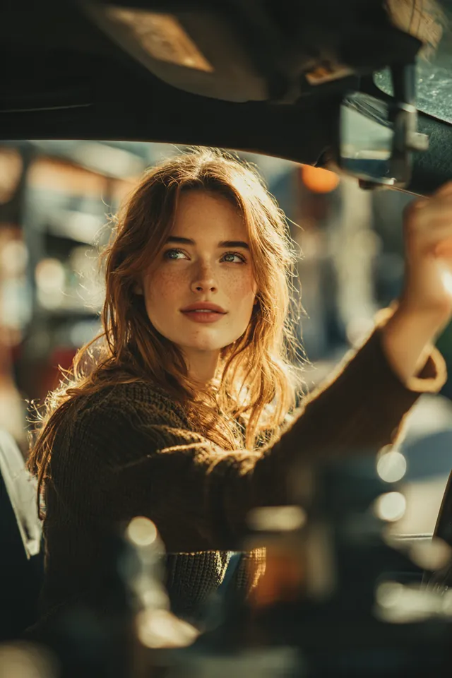 Young woman in the driver seat of a new compact car adjusting the rearview mirror