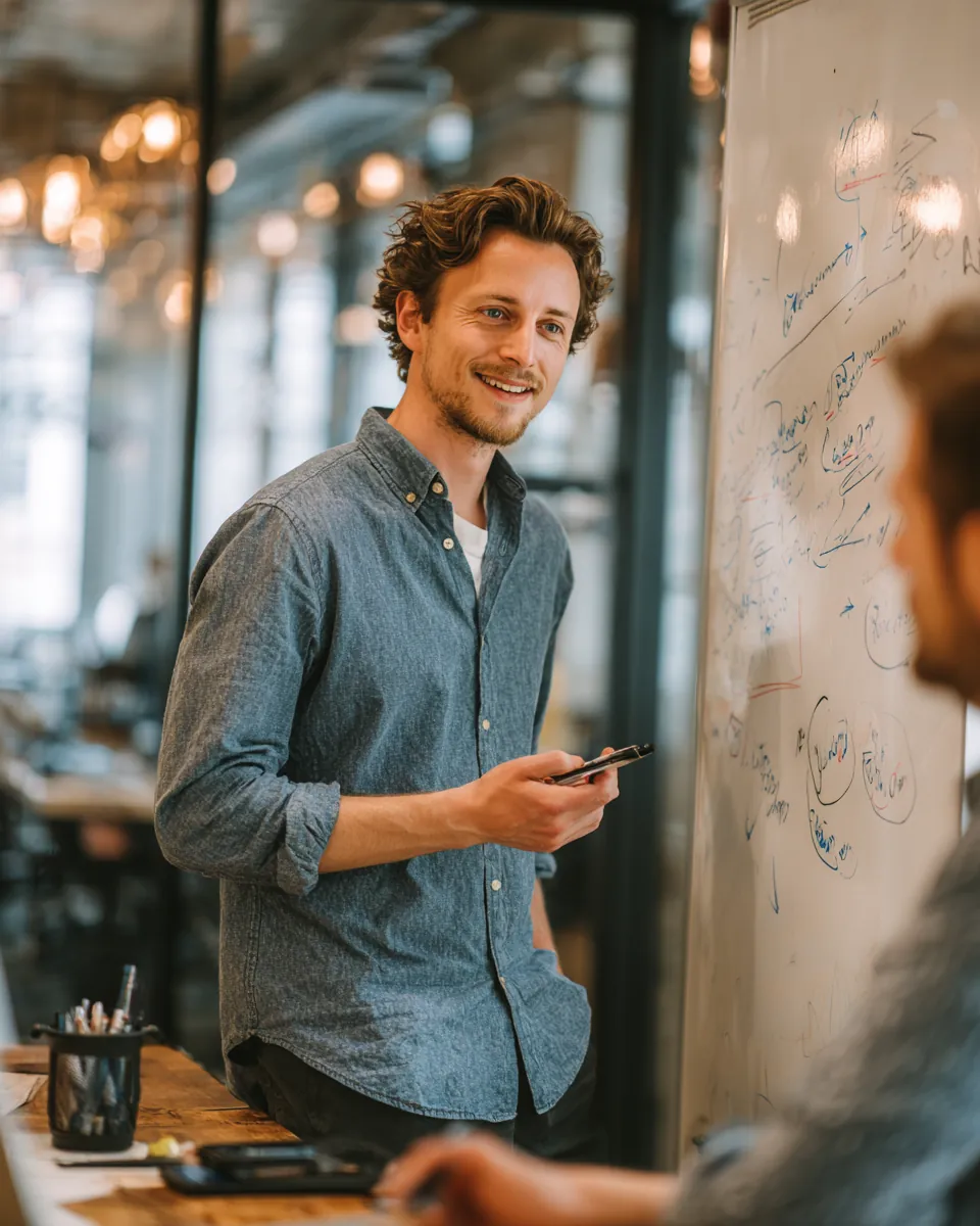 Man in his 30s explaining a simple chart on a whiteboard to a colleague in a bright coworking space, illustrating Northern Star Loan rate ranges