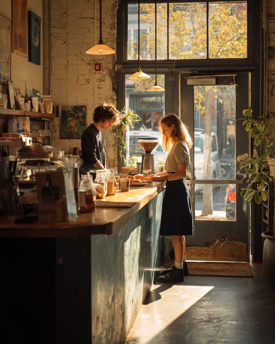 Two baristas in their 20s opening a sunlit neighborhood cafe, one flipping the door sign to open, a morning scene for Northern Star Loan reviews
