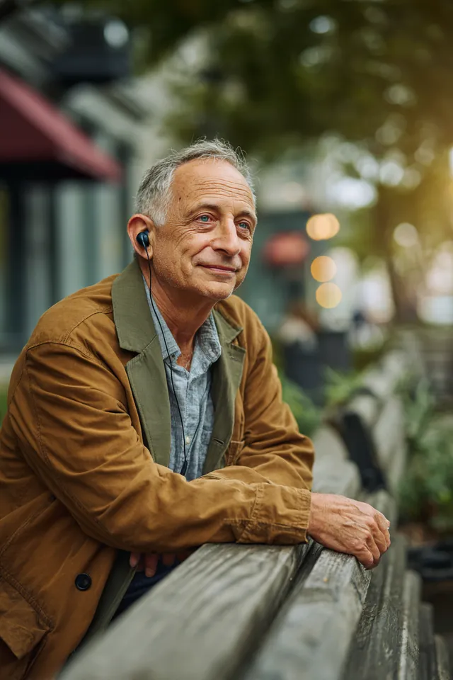 Smiling man in his 60s resting on a city park bench after a morning walk, wireless earbuds around his neck