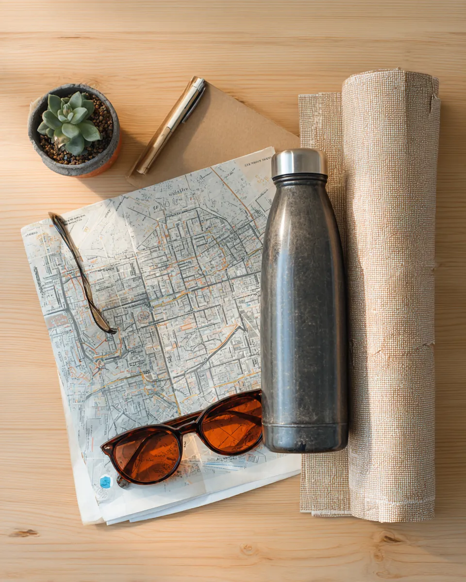 Folded paper city map with sunglasses and a reusable water bottle on a wooden table, Northern Star Loan sitemap