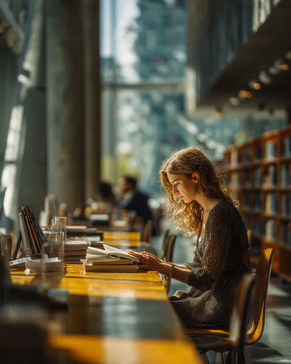 Woman reading carefully at a long table in a library reading room, like reviewing the Northern Star Loan terms