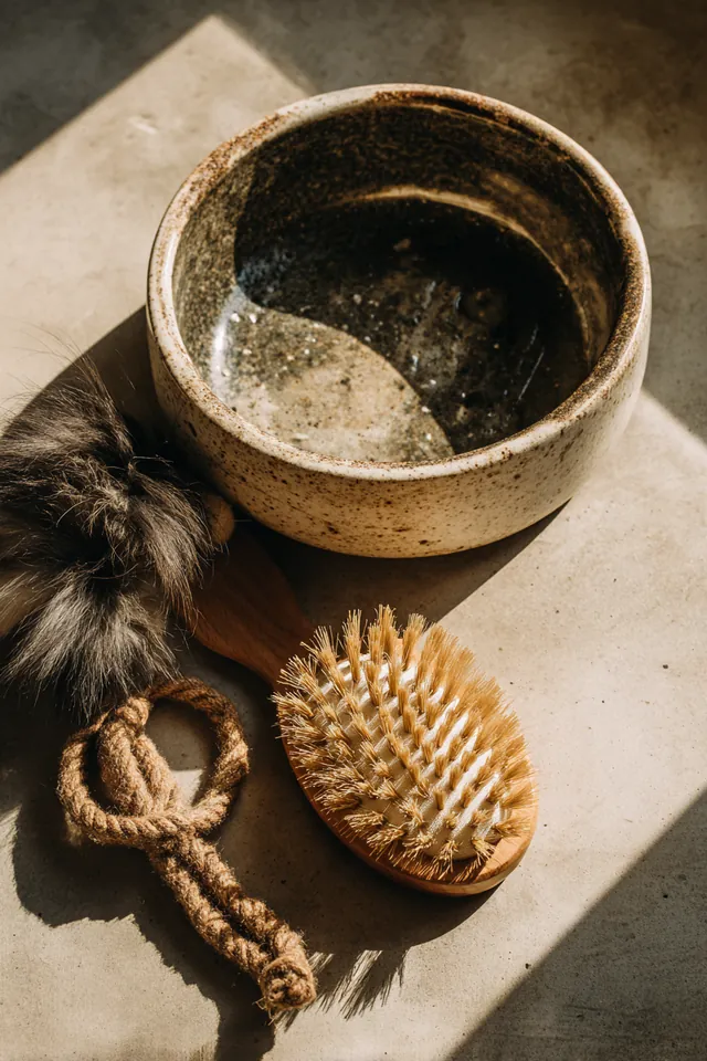 Ceramic pet food bowl, rope chew toy and grooming brush grouped on a light kitchen floor for a new pet