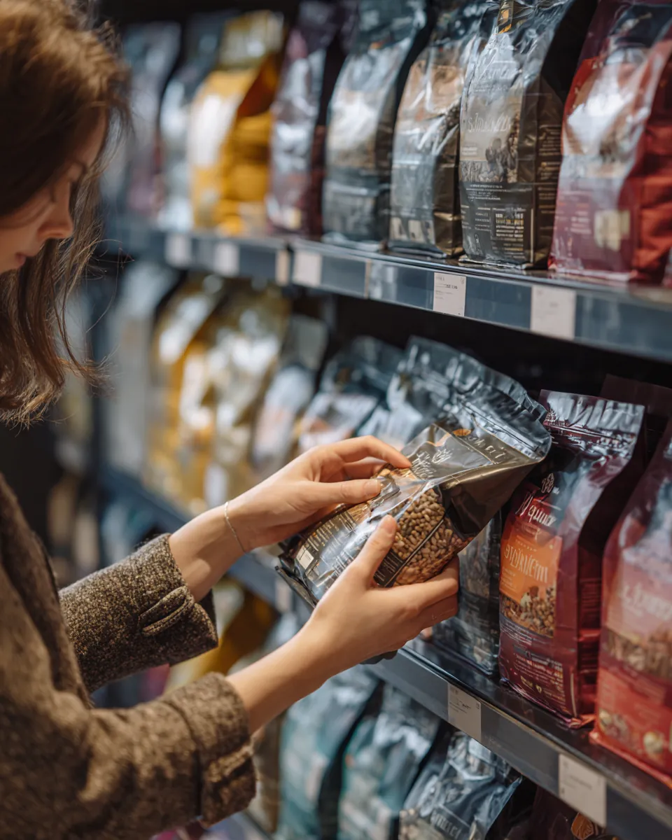 Hands choosing a bag of pet food from a neatly stocked pet store shelf while budgeting with a Northern Star Loan first-year pet cost guide